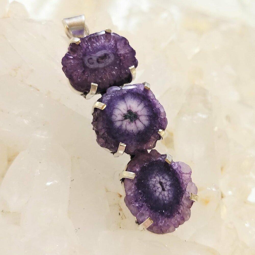 NWOT Dramatic Purple Solar Quartz Slice Stack Pendant 925 Sterling Overlay